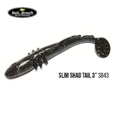 Силиконовая приманка, Съедобный силикон Bait Breath BeTanCo Shad Tail Slim 3" (8 шт.) (S843 Black／Gold)