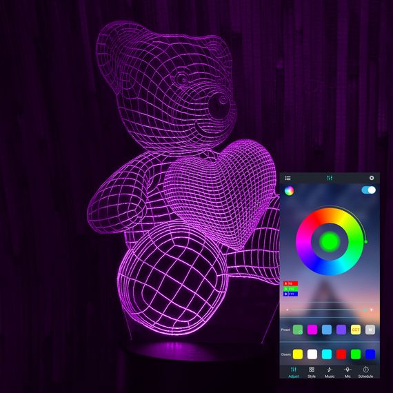 Акриловий світильник-нічник керування з телефона Ведмедик з серцем 2 tty-n000777