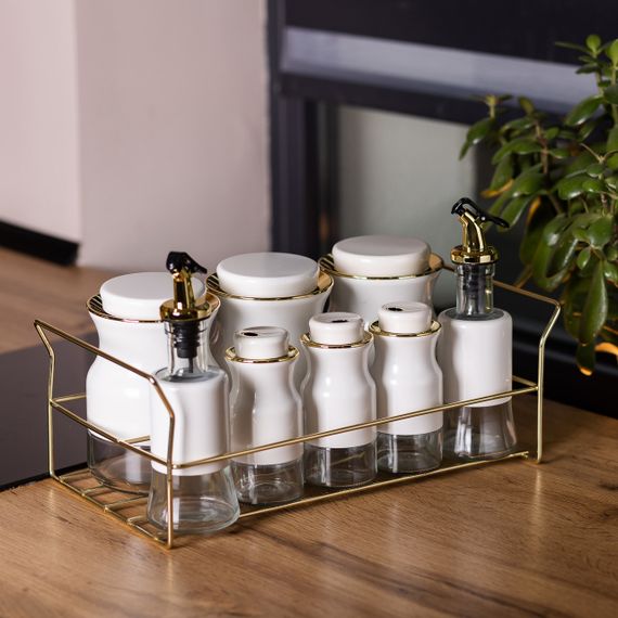 Набір для спецій на підставці з пляшками для олії та оцту 8 предметів Білий HP-1360W | Зображення 7