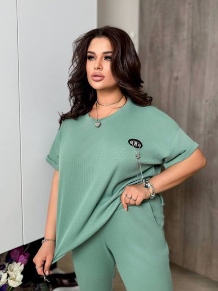 Женский летний костюм футболка и укороченные штаны большие размеры и батал KF090 цвет фисташковый, размер 52/54 | Зображення 5