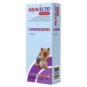 Таблетки від кліщів, бліх та глистів для собак 1.25-2.5 кг Bravecto TriUNO, 3 шт