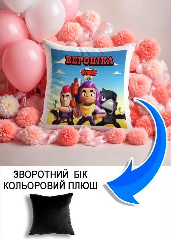 Подушка плюшева Мерч Крафт Дизайн з принтом brawl stars імя Веронiка чорний плюш квадратна 33х33 см
