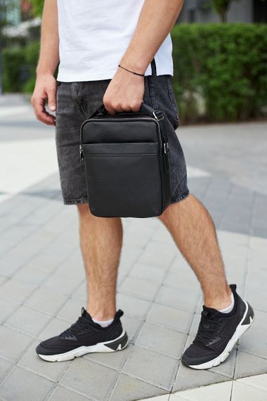 Чоловіча сумка-мессенджер на два відділення шкіряна чорна Tiding Bag 7459 | Зображення 3