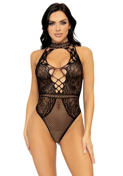 Leg Avenue Net and lace halter bodysuit OS Black Sex Aura