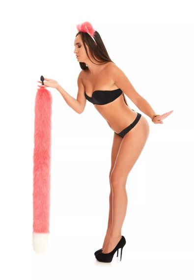 Анальний хутряний хвіст без пробки, Яскраво-рожевий з білим кінчиком, OKOVA 100 см. Sex Aura | Зображення 5