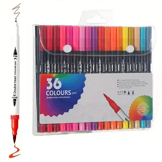 Профессиональный набор 36 шт двухсторонних маркеров линер+кисть с мягкой головкой на водной основе IK-81 | Зображення 1