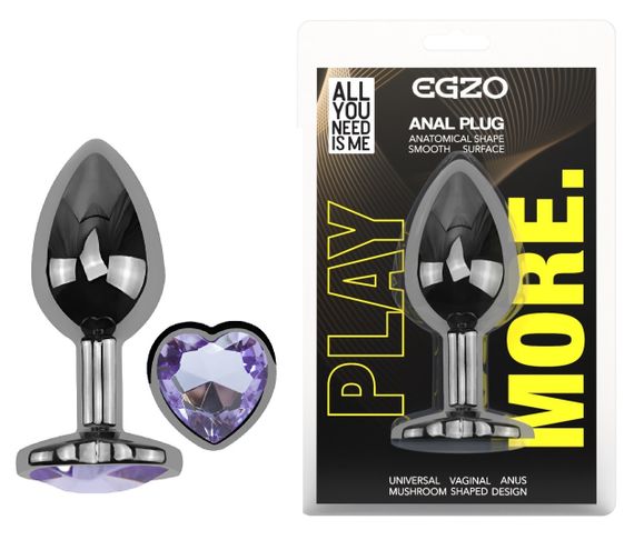 Анальна пробка з кристалом EGZO - Dark Silver Heart Plug Amethyst size S Sex Aura