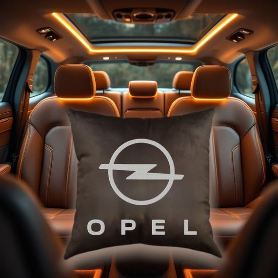Авто Подушка c вишивкою логотипу марки опель Opel коричневий автомобілісту 02223