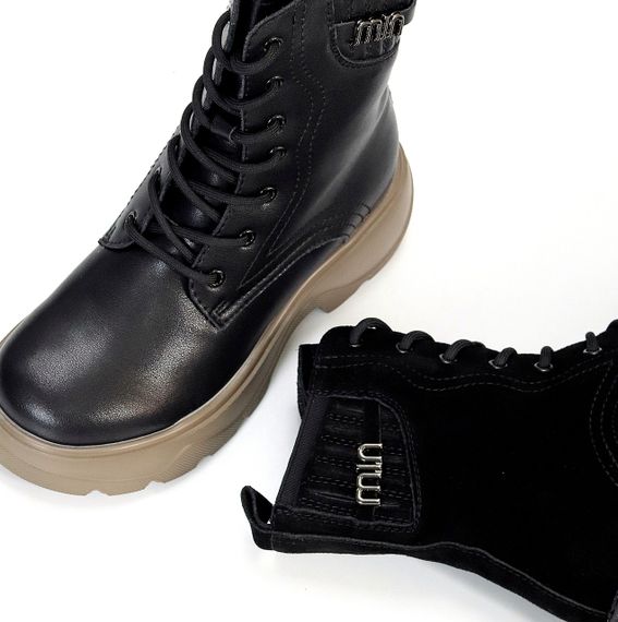 Черные зимние высокие кожаные ботинки берцы на бежевой подошве | Зображення 8