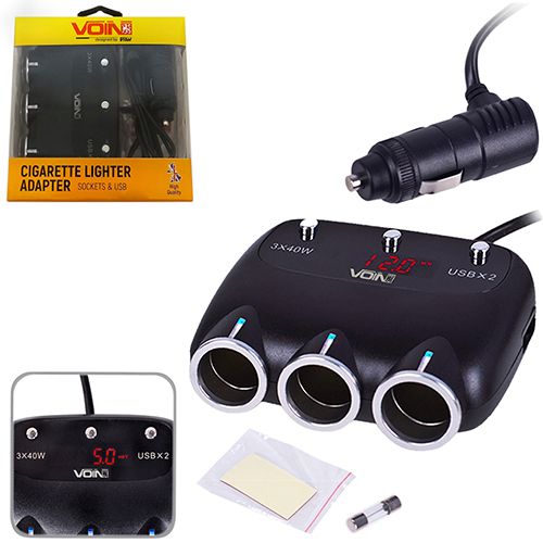 Розгалужувач (подовжувач) прикурювача VOIN 3 виходи + 2USB 2400 mA 12/24V SC-3003 дріт+вольтметр | Зображення 5
