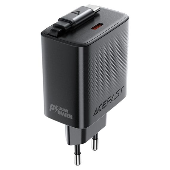 СЗУ Acefast A110 GaN With Retractable Cable Type-C PD30W (1USB-C) Black | Зображення 1