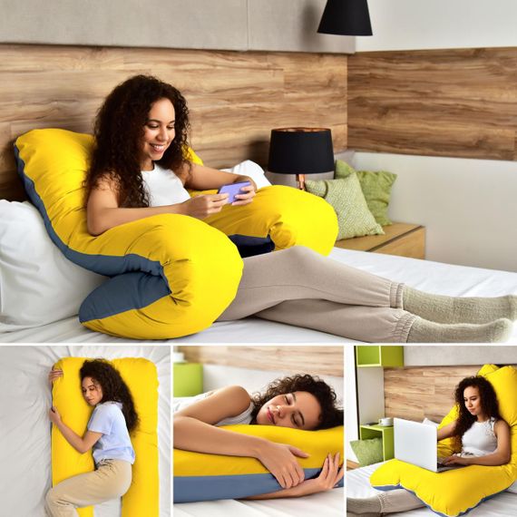 Подушка для сна и отдыха, для беременных П-формы IDEIA 140х75х20 см с наволочкой на молнии желто/голубая | Зображення 1