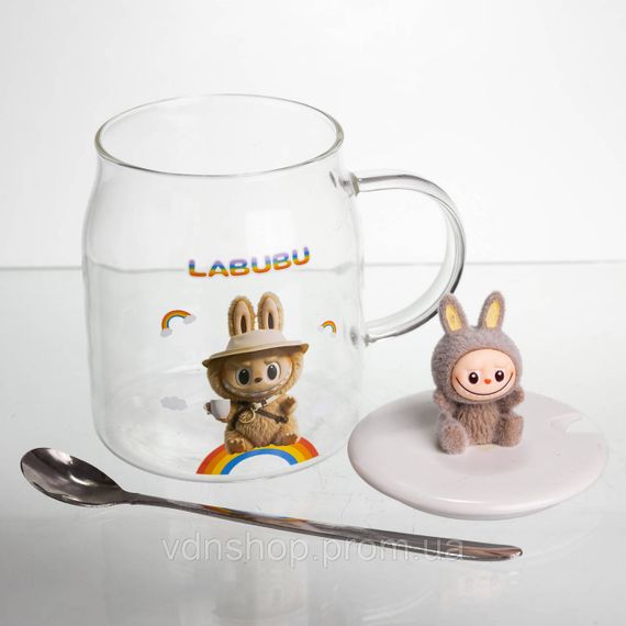 Новорічна велика скляна чашка "Лабубу" з кришкою та ложкою 600 мл, Святкова кружка чашка для дітей на подарунок Коричневий FM-56C | Зображення 2