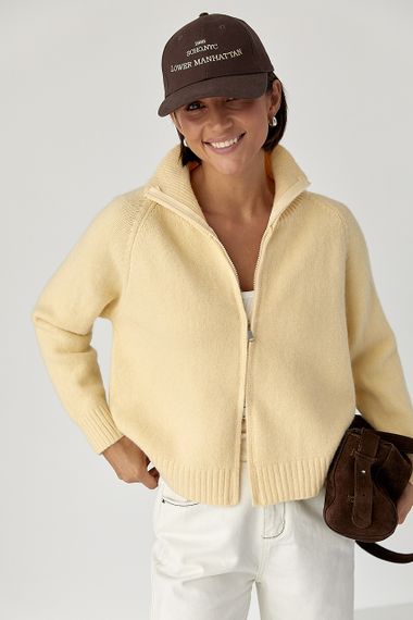 Короткий в'язаний кардиган на блискавці - лимонний цвет, ONE SIZE (є розміри) | Зображення 4