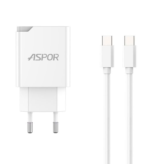 Мережевий зарядний пристрій Aspor A826 PD (20W/USB/Type-C) + кабель USB — Type-C-білий