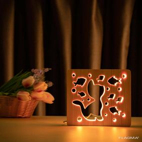 Светильник ночник ArtEco Light из дерева LED "Кот и рыбки" с пультом и регулировкой...