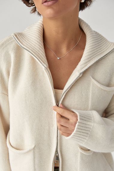 В'язаний кардиган на блискавці з кишенями - молочний цвет, ONE SIZE (є розміри) | Зображення 3