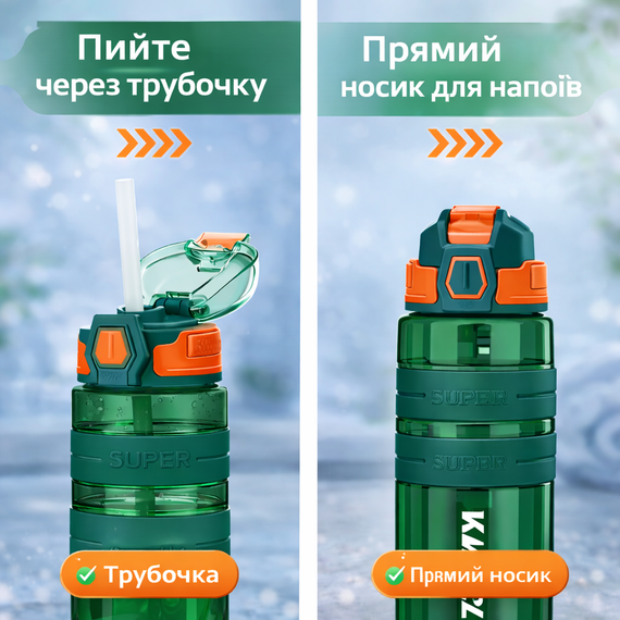 Спортивная бутылка для воды KANGZYUAN 700 мл Зеленая Тритановая (BPA Free), с клапаном и поилкой | Зображення 2