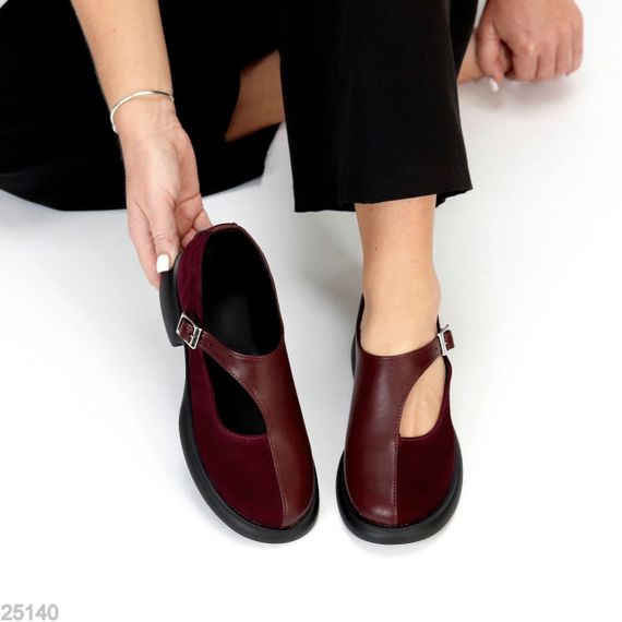 Дизайнерські бордові туфлі натуральна шкіра + замша низький хід | Зображення 6