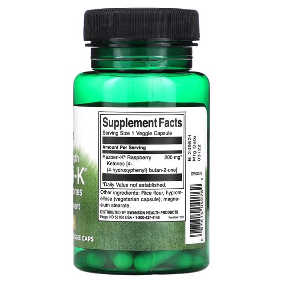 Малинові кетони, Razberi-K, Swanson, подвійна сила, 200 мг, 60 вегетаріанських капсул | Зображення 1