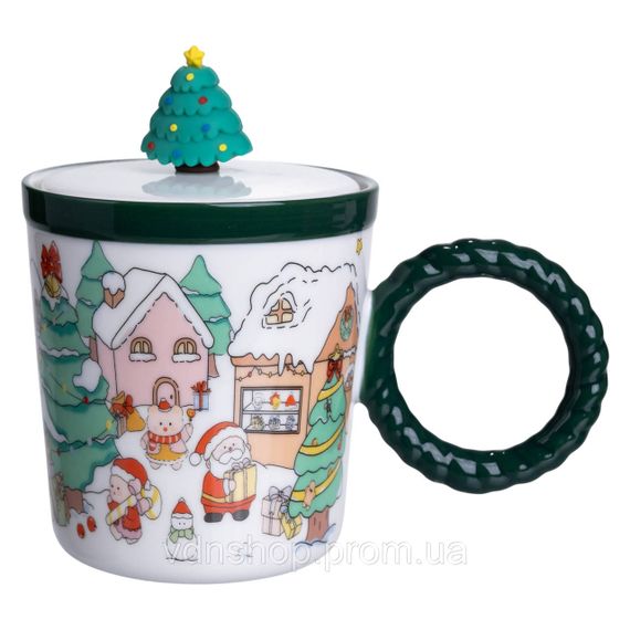 Чашка фарфоровая с крышкой Елка 400 (мл) Зеленый Yiwu FM-CS-36B | Зображення 2