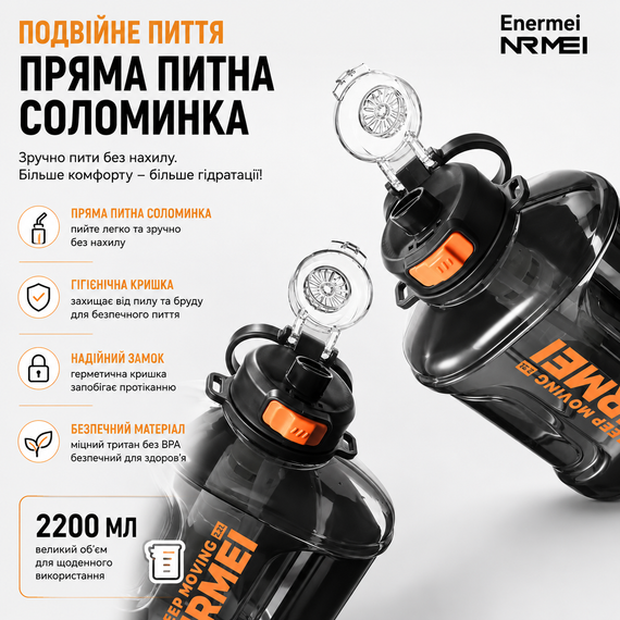 Пляшка для води NRMEI 2200 мл (2,2 л.)  з Тритану: Спортивна, Герметична, з Ручкою та Ремінцем, Чорна прозора | Зображення 8