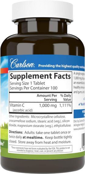 Витамин C Carlson Vitamin C, 1,000 mg, 100 Vegetarian Tablets | Зображення 1