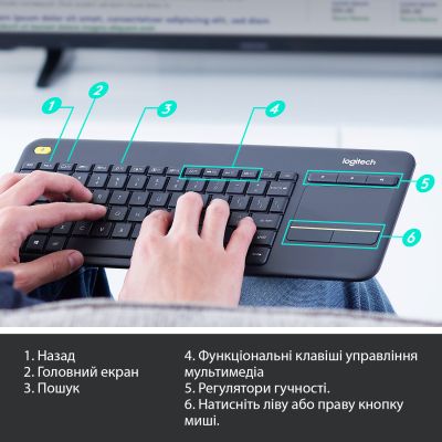 Клавіатура Logitech K400 Plus Touch Wireless UA Black (920-007145) (920-007145) | Зображення 5