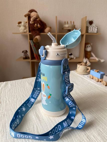 Термос дитячий для напоїв з трубочкою 450мл Блакитний з малюнком | Зображення 2