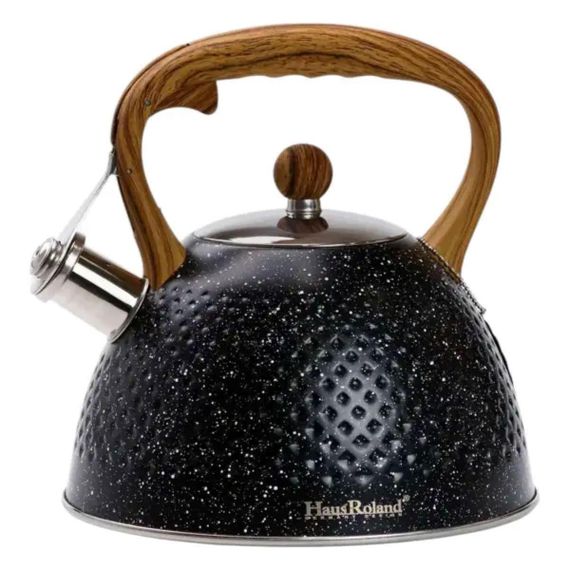 Чайник зі свистком 3 л з дерев'яною ручкою чорний товсте дно