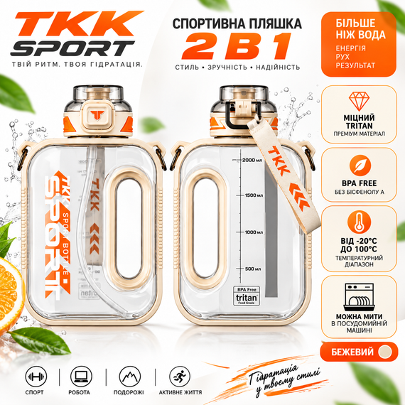 Спортивна пляшка TKK SPORT 1600 мл з ремінцем — прозора біла, ударостійкий Tritan, BPA Free, герметична пляшка для води, спорту | Зображення 1