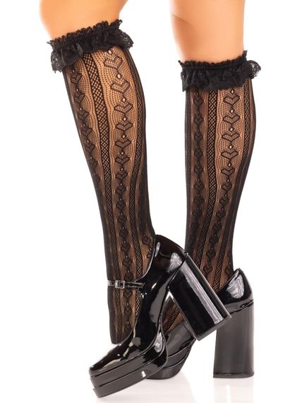 Гольфы ажурные Leg Avenue Sweetheart Ruffle Cuff Knee Highs, черные, с рюшами, рисунок-сердечки | Зображення 1