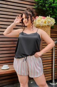 Чорна шовкова піжама  з рожевими шортами PLUS SIZE