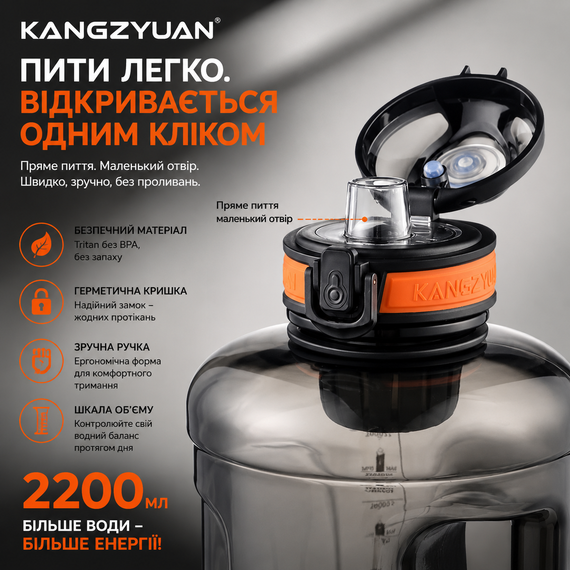 Бутылка для воды KANGZYUAN 2200 мл Tritan BPA Free Черная (с ручкой и ремешком) | Зображення 4