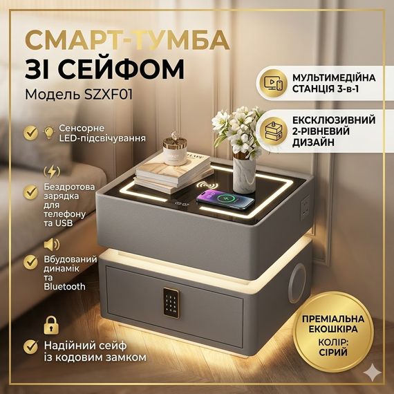Смарт-тумба горющая YJXF01 Grey с сейфом, LED-подсветкой и USB портами (Серая экокожа / Закаленное стекло)