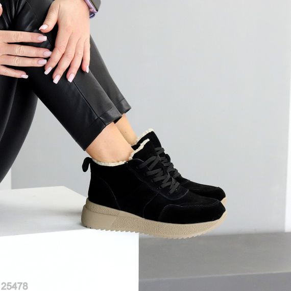 Спортивні чорні замшеві зимові черевики змійка + шнурівка 40