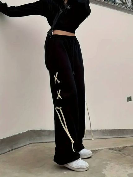 Женские свободные штаны палаццо со шнуровкой по бокам HI2726 цвет черный, размер onesize 42/46 | Зображення 2