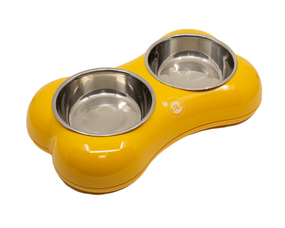 Миска для тварин KIKA BONE SHAPE, подвійна, жовта, розмір M