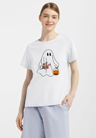 Футболка жіноча біла з принтом "Привид з квітами", M