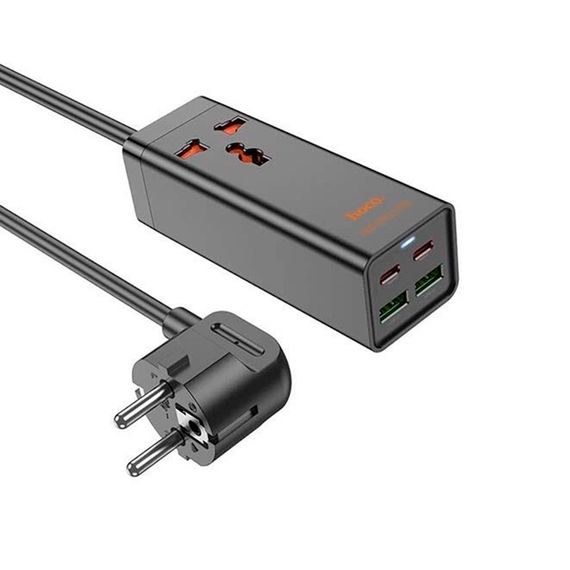 Мережевий фільтр HOCO AC10A на 1 розетку + 2 USB + 2 USB-C, 65W, кабель 1,5 м, 220В, Black, Box | Зображення 1