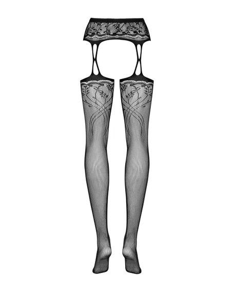 Панчохи-стокінги з рослинним малюнком Obsessive Garter stockings S206 black чорні, імітація га, S/M/L | Зображення 5