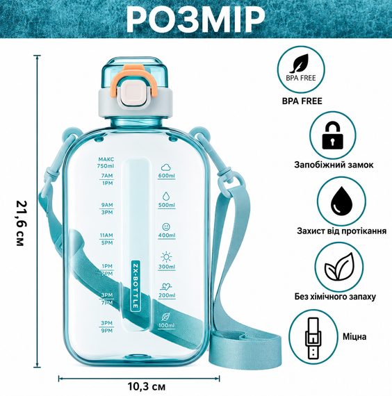 Спортивна пляшка для води SPORT (750 мл) — BPA-free пластик, берюзова | Зображення 7