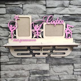 Медальниця з фоторамкою і полицею для кубків Дерев'яний тримач для медалей Органайзер для нагород гімнастика