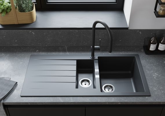 Мийка кухонна HansgroheS52, граніт, прямокутник, з крилом, 980х480х190мм, чаша - 1.5, накладна, S520-F530, чорний графіт (43357170) | Зображення 2