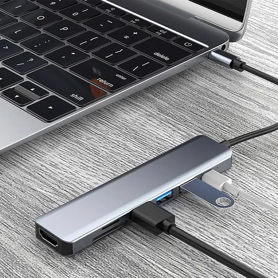 USB-хаб 7в1, Type-C to HDMI + SD + TF + 3xUSB + PD, Сірий / USB розгалужувач для ноутбука / ЮСБ хаб | Зображення 9