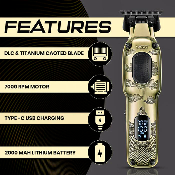 Триммер для стрижки аккумуляторный VGR V-954, 4 насадки, 7000 RPM, LED дисплей | Зображення 3