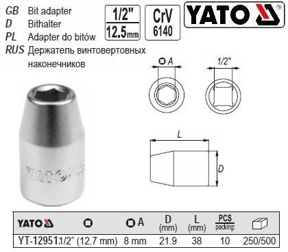 Перехідник для біт YATO Польща 1/2" М=8 мм YT-12951