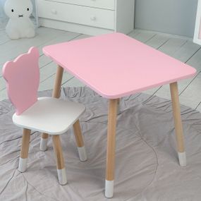 Дитячий  прямокутний стіл і стільчик ведмежа з білим сидінням. Столик рожевий дитячий