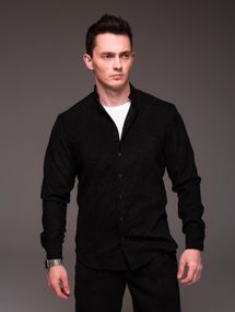 Мужская вельветовая рубашка с воротником стойка и длинным рукавом на пуговицах цвет черный, размер S  RA2334