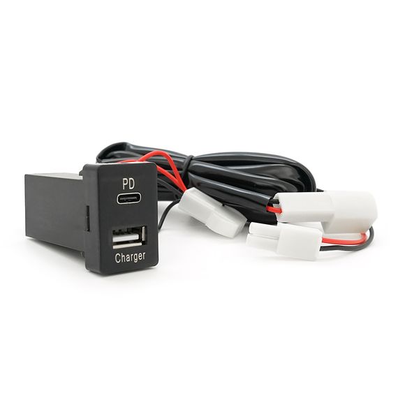 Flush-mounted car charger 38W-L01T03-Fuse, PD+QC, Type-C: 20W, USB: 18W, soldering wire kit with fuse, 33x22x58mm, Black